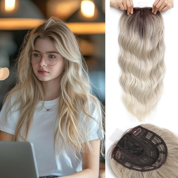 Hair Topper, Big Base 360 3D Hair Toppers for Women with Thinning Crown, 20 Inch Long Curly Wavy Hair Pieces with Middle Part Clip in Bangs for Daily Use Parties