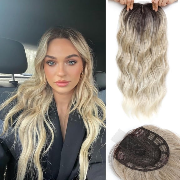 Hair Topper, Big Base 360 3D Hair Toppers for Women with Thinning Crown, 20 Inch Long Curly Wavy Hair Pieces with Middle Part Clip in Bangs for Daily Use Parties