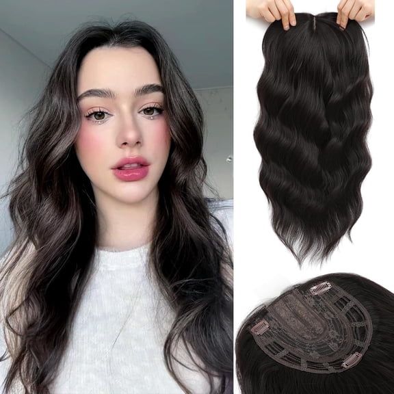 Hair Topper, Big Base 360 3D Hair Toppers for Women with Thinning Crown, 20 Inch Long Curly Wavy Hair Pieces with Middle Part Clip in Bangs for Daily Use Parties