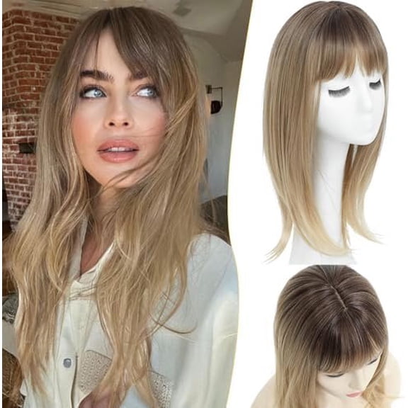 Hair Topper With Bangs 18inch Toppers With 6.5" x6.5" Large Base Long Straight Layered Synthetic Hair Pieces For Women-Dark Blonde Mix Beige Blonde