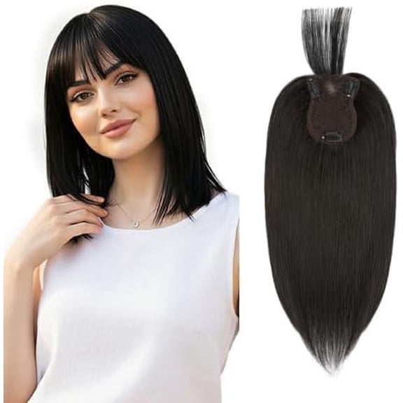 Hair Topper with Front Bangs, Human Hair Topper for Thinning Hair, 3.15"x4.53" Silk Base for Hairline & Part Coverage, 10 Inch, black