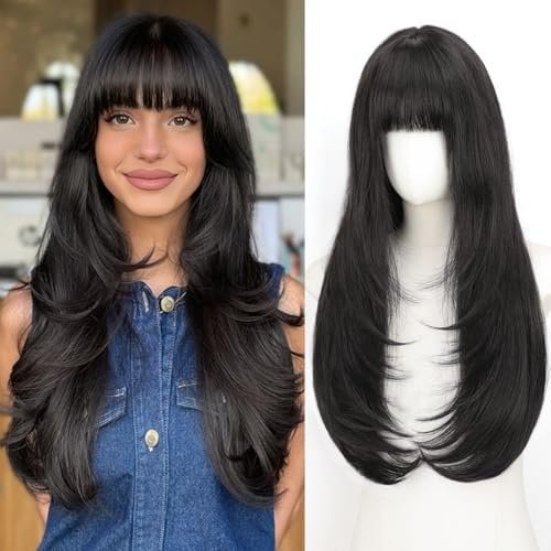 Hair Toppers For Women with Thinning 360?Cover,20Inch Black Long Straight Layered Clip In Synthetic hair topper with Bangs