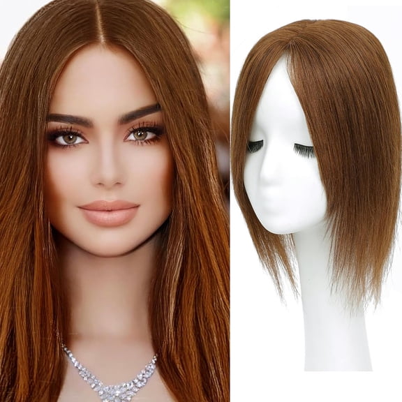 Hair Toppers for Real Human Hair, 360 3D Human for Women with Thinning Hair Upgrade Middle Part Clip in Bangs Pieces for Women Daily (Light Brown, 14 Inch-3D-Side)
