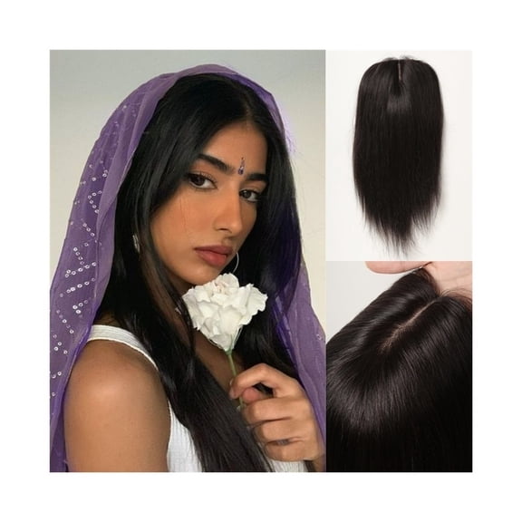 Hair Toppers Real Human Hair, 4"4.5" Breathable Silk Base Natural Black Hair Topper Straight Remy Hair Piece for Women with Thinning Hair and Hair Loss