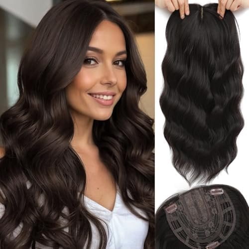 Hair Toppers for Women, 20 Inch Toppers Hair pieces for Women with Thinning Hair Big Base Curly Wavy Wiglets Cover 360? Middle Part Clip in Bangs (Brown Black)
