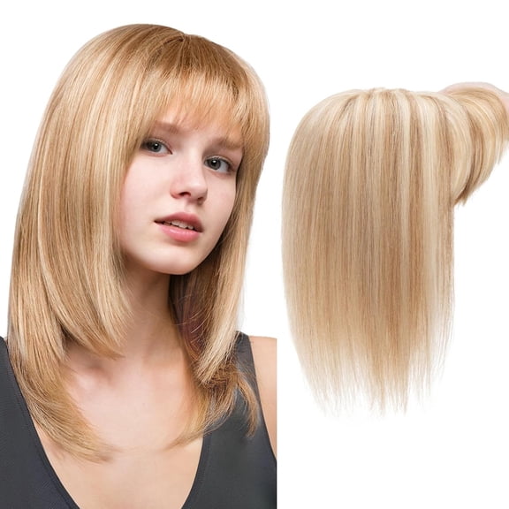 Hair Toppers for Women Real Human Hair 10 Inch Long Straight Toppers for Women with Thinning 7 * 13CM Silk Base Clip in Hairpieces with Bangs (Golden Brown & Bleach Blonde)
