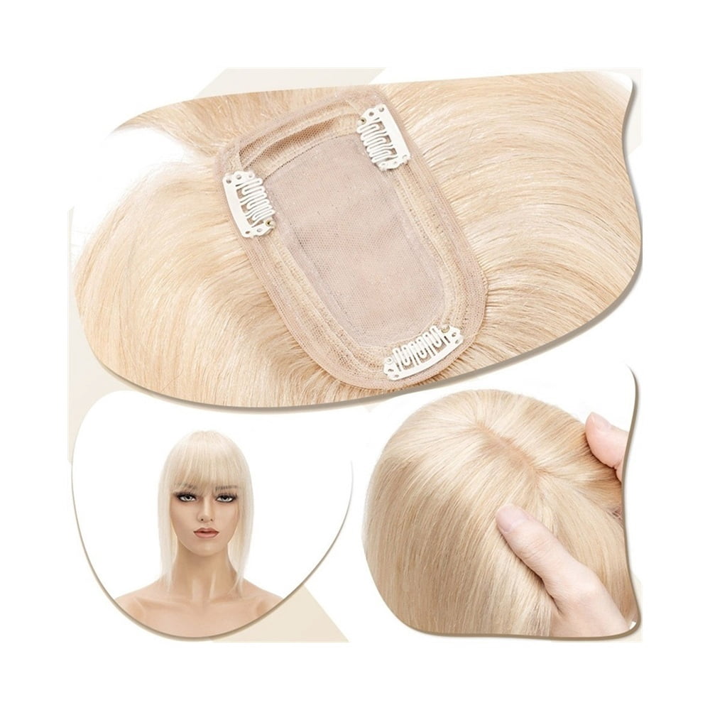 Hair Toppers for Women 6"-18" Real Human Hair with Bangs, 7x12.5cm Silk Base Clip In Hair Extension 150% Densiny Indian Hair Straight Hair Pieces