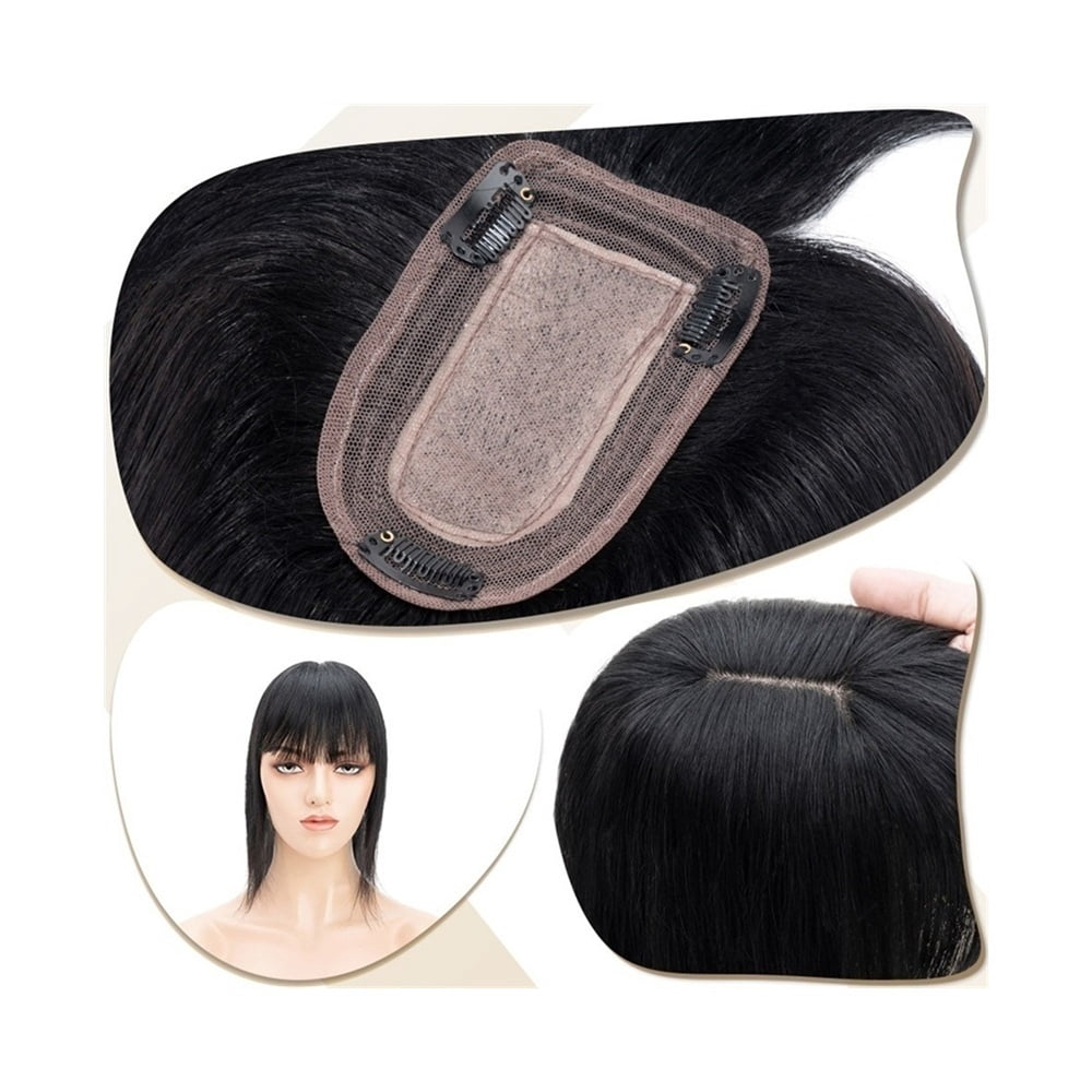 Hair Toppers for Women 6"-18" Real Human Hair with Bangs, 7x12.5cm Silk Base Clip In Hair Extension 150% Densiny Indian Hair Straight Hair Pieces