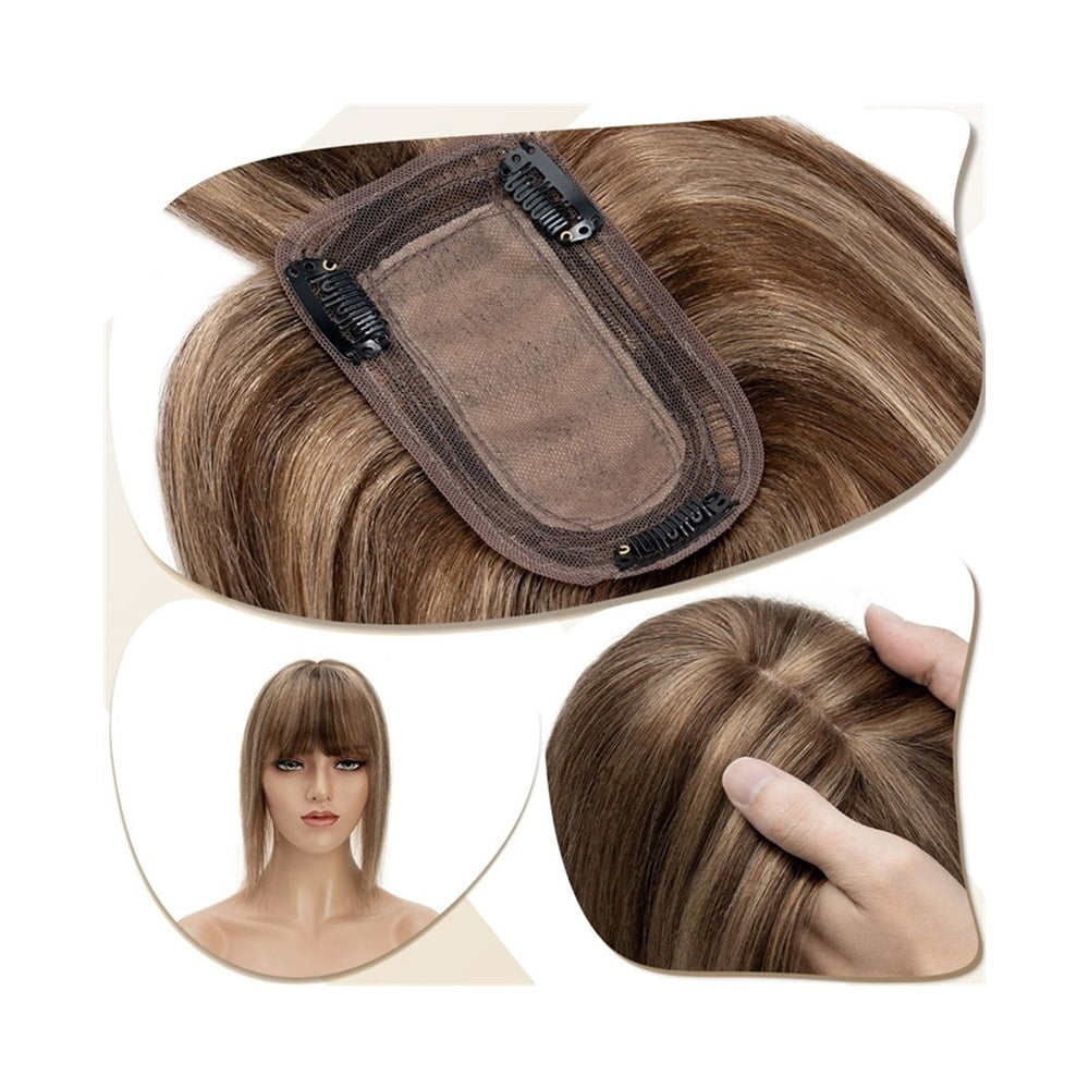 Hair Toppers for Women 6"-18" Real Human Hair with Bangs, 7x12.5cm Silk Base Clip In Hair Extension 150% Densiny Indian Hair Straight Hair Pieces