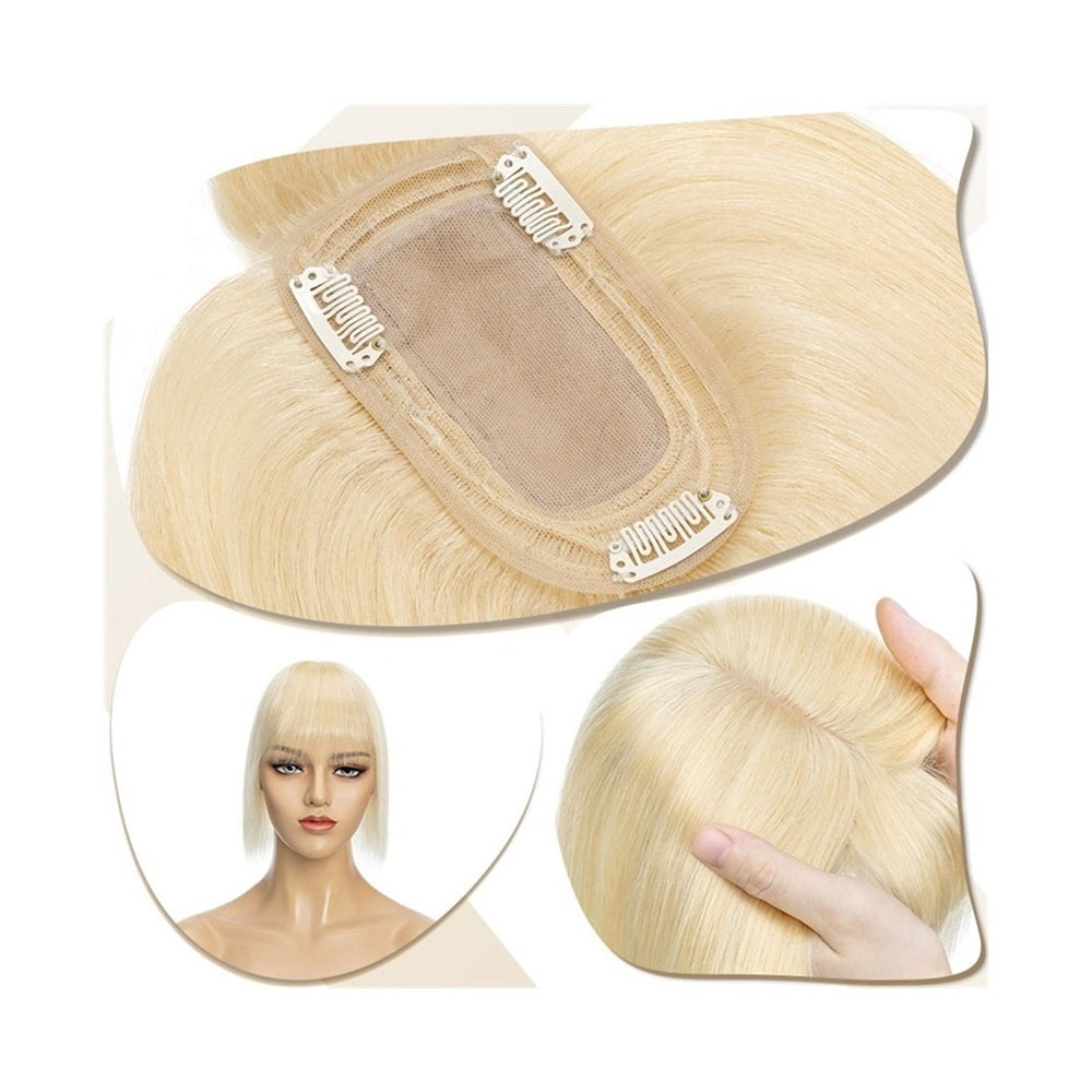 Hair Toppers for Women 6"-18" Real Human Hair with Bangs, 7x12.5cm Silk Base Clip In Hair Extension 150% Densiny Indian Hair Straight Hair Pieces