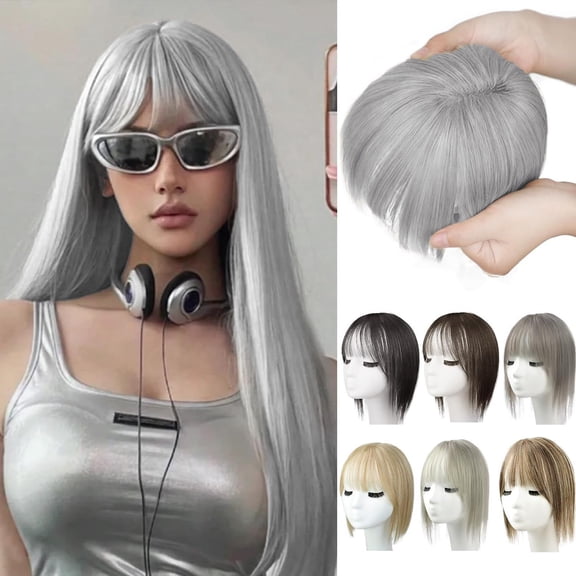 Hair Toppers for Women Real Human Hair 12 Inch Long Straight Toppers for Women with Thinning 7 * 13CM Silk Base Clip in Hairpieces with Bangs (Gray)
