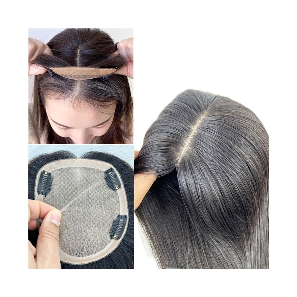 Hair Toppers for Women, Real Human Hair 15×17cm Silk Base Clip in Hair Pieces Natural Black Center Part Straight Hair Pieces for Thin Hair Daily Use