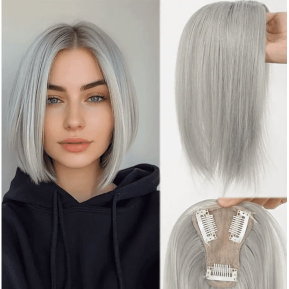 Hair Toppers for Women Real Human Hair 8 Inch Long Straight Toppers for Women with Thinning 7 * 13CM Silk Base Clip in Hairpieces with Bangs (Gray)