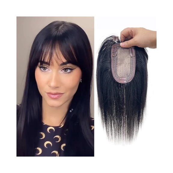 Hair Toppers for Women with Thinning, 10" Straight Human Hair Toppers with Bangs 8X12cm Simulated Scalp Silk Base Remy Hair Piece with Clips
