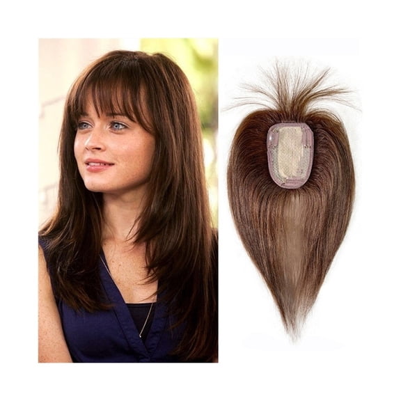 Hair Toppers for Women with Thinning, 10" Straight Human Hair Toppers with Bangs 8X12cm Simulated Scalp Silk Base Remy Hair Piece with Clips