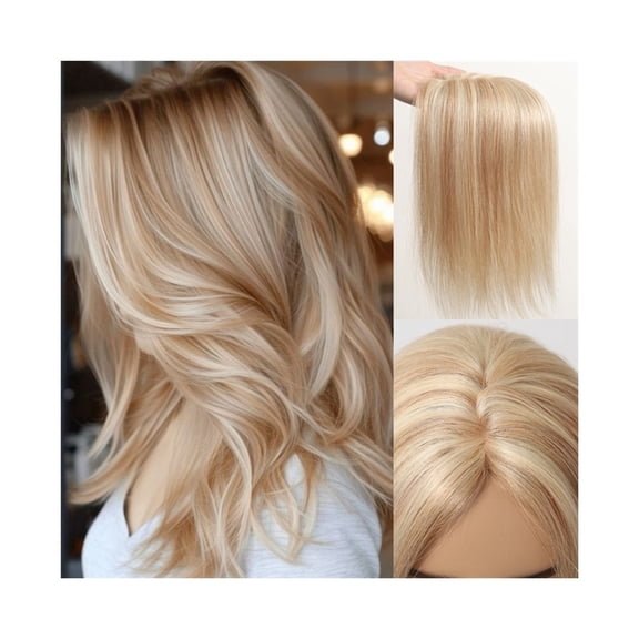 Hair Toppers for Women with Thinning Hair, Golden Blonde Highlight 12" Straight Remy Human Hair Pieces Middle Part Silk Base Clip in Toppers