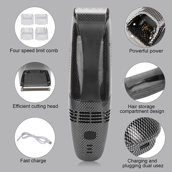 Hair Trimmer USB Vacuum Kit with Powerful Automatic Suction for Beards Stubble and Lithium Ion Electric Shaver with 4 Guide Combs