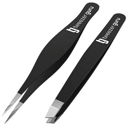 Tweezers Set - Tweezer Guru Stainless Steel Slant Tip and Pointed Eyebrow Tweezer Set - Great Precision for Facial Hair, Ingrown Hair, Splinter and Blackhead Remover (Black)