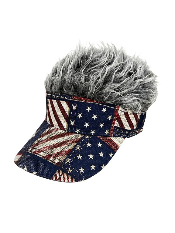 Hair Visor Sun Hats with Hair, Novelty Funny Spiked Adjustable Baseball Wig Caps for Men Women, Patriotic Visor Hat with Spiked Hair for Outdoor Sports, Beach, Party, Dad Hat
