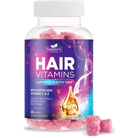 Hair Vitamins Gummies with Biotin 5000 mcg Vitamin E & C Support Hair Growth Gummy, Premium Vegetarian Non-GMO, for Stronger, Beautiful Hair, Skin & Nails, Biotin Gummies Supplement - 60 Gummy Bears