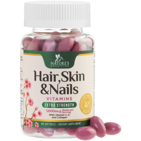 Hair, Skin & Nails Vitamins for Women - Biotin 5000mcg to Support Hair Growth with Argan Oil, Collagen & Hyaluronic Acid, Beautiful, Stronger Skin, Hair & Nails Vitamin Supplement - 60 Softgels