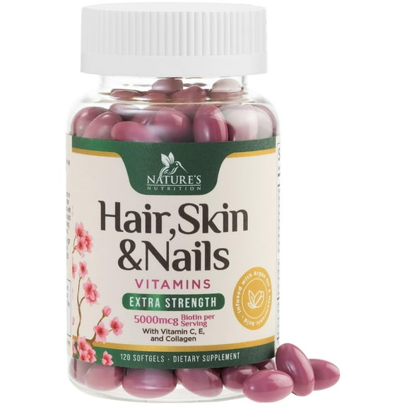 Hair, Skin & Nails Vitamins for Women - Biotin 5000mcg to Support Hair Growth with Argan Oil, Collagen & Hyaluronic Acid, Beautiful, Stronger Skin, Hair & Nails Vitamin Supplement - 120 Softgels