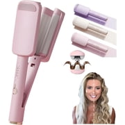 Hair Waver Crimper, Curling Iron Hair Crimper Waver, Beach Waves Curling Wand, Ionic Deep Waver Hair Curler Tool with Ceramic 3 Barrel for Women, Dual Voltage, Anti-Scald, 1.25 Inch Pink