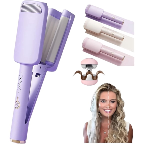 Hair Waver Crimper, Curling Iron Hair Crimper Waver, Beach Waves Curling Wand, Ionic Deep Waver Hair Curler Tool with Ceramic 3 Barrel for Women, Dual Voltage, Anti-Scald, 1.25 Inch (Purple)