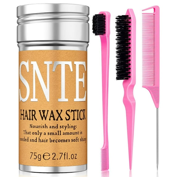 Hair Wax Stick, Slick Back Hair Brush Set 4Pcs, Wax Stick for Hair, Bristle Brush for Flyaways, Teasing Brush for Hair Styling, Edge Brush for Tame Frizz Baby Hair, Rat Tail Combs for Parting