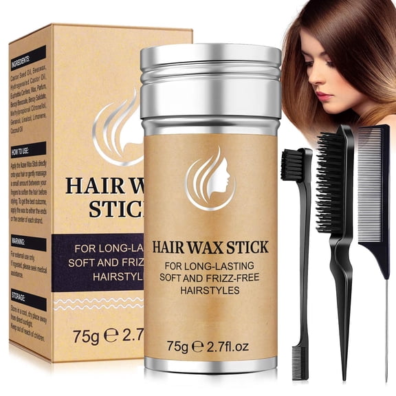 Hair Wax Stick for Flyaways, 4 Piece Set Hair Wax Stick & Black Comb, Long-Lasting Soft & Frizz-Free Hairstyles, 75g