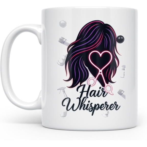 Hair Whisperer Stylist Coffee Mug for Hairdressers - 11 oz White Ceramic Featuring Scissors and Spray Design
