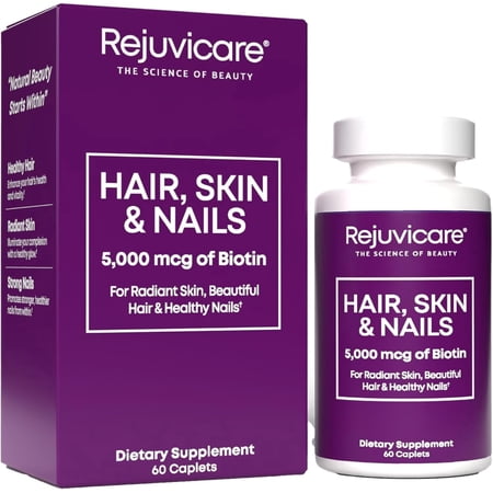 Rejuvicare Hair Skin and Nails, Hair Growth Support, Healthy Skin & Nails, Biotin, Vitamins B1, B2, B3, B6 & B7 + B1, Supports Healthy Hair, Radiant Skin and Strong Nails, Vegan, 60 Caplets