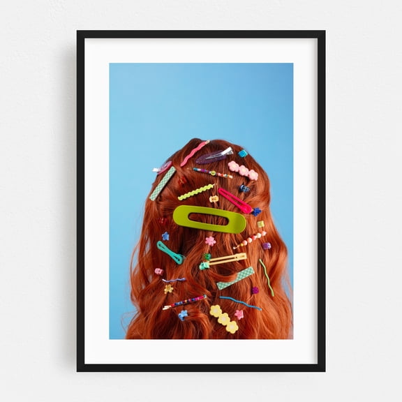Hair clip obsession - Photography Fashion Pop Art Whimsical Portrait Humor Black Framed Wall Art Print 20 x 30 inches