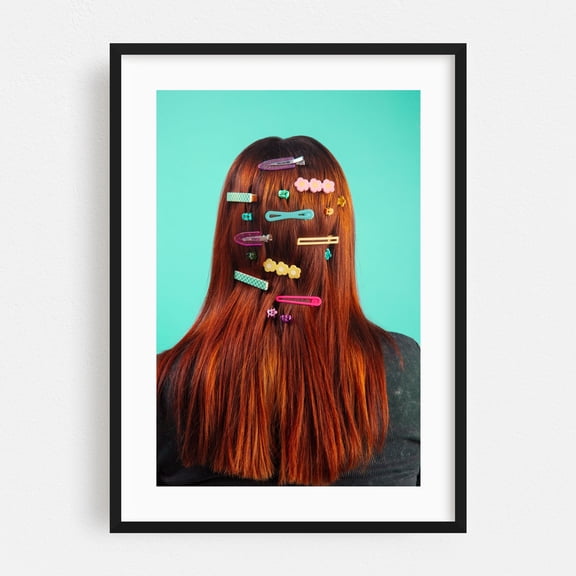 Hair clips on red hair - Photography Fashion Pop Art Modern Art Whimsical Portrait Black Framed Wall Art Print 24 x 36 inches