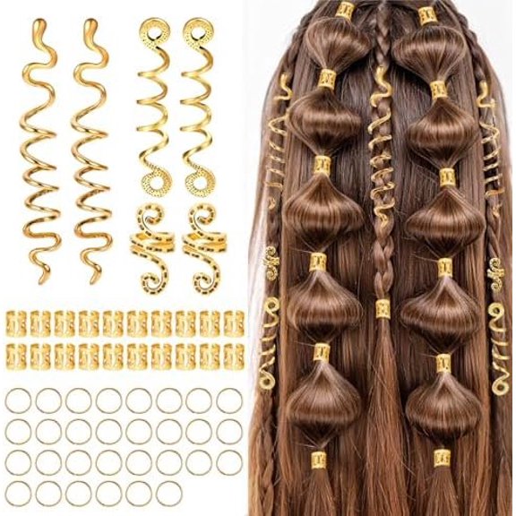 Hair for Braids, 56 count Hair Charms Cuffs Set, Dreadlock Accessories for Black Women, Loc Decorations with Spirals Charms, Adjustable Hair Rings