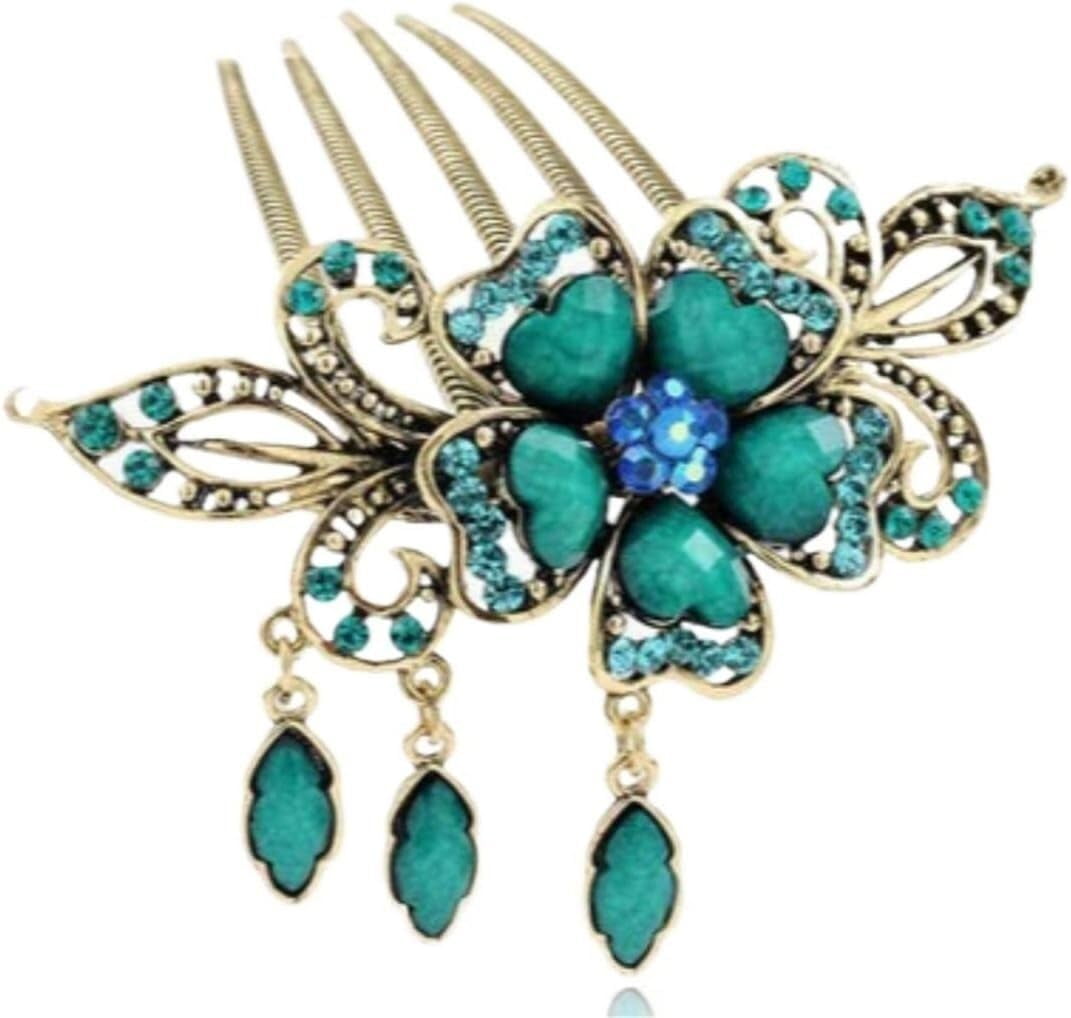 Hair jewelry,Hair Comb Wedding Bridal Hair Accessories Women Hair Side Comb Accessories with Tassel Retro Decorative Hair Comb Clips Rhinestone Flower Hair Side Combs(Blue)