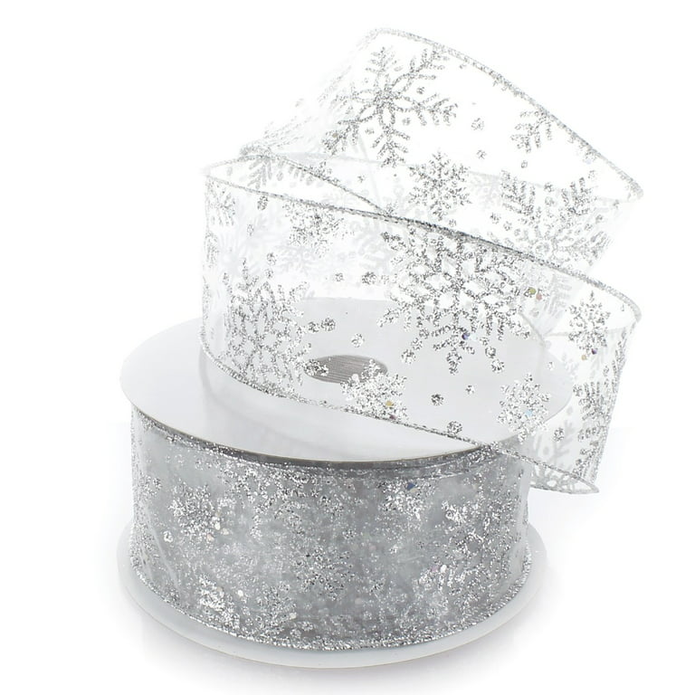 Silver/Silver Organza Snowflake Wired Ribbon 2.5. 50 Yds/Roll.