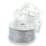 Hairbow Center Silver Traditions Glitter Snowflakes Sheer Wired Nylon Ribbon, 900" x 2.5"