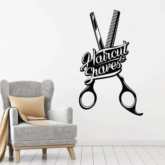 Haircut Shaved Wall Decal Words Comb Scissors Barber Shop Hair Salon Interior Decor Vinyl Window Stickers Art Mural Modern 57x92cm