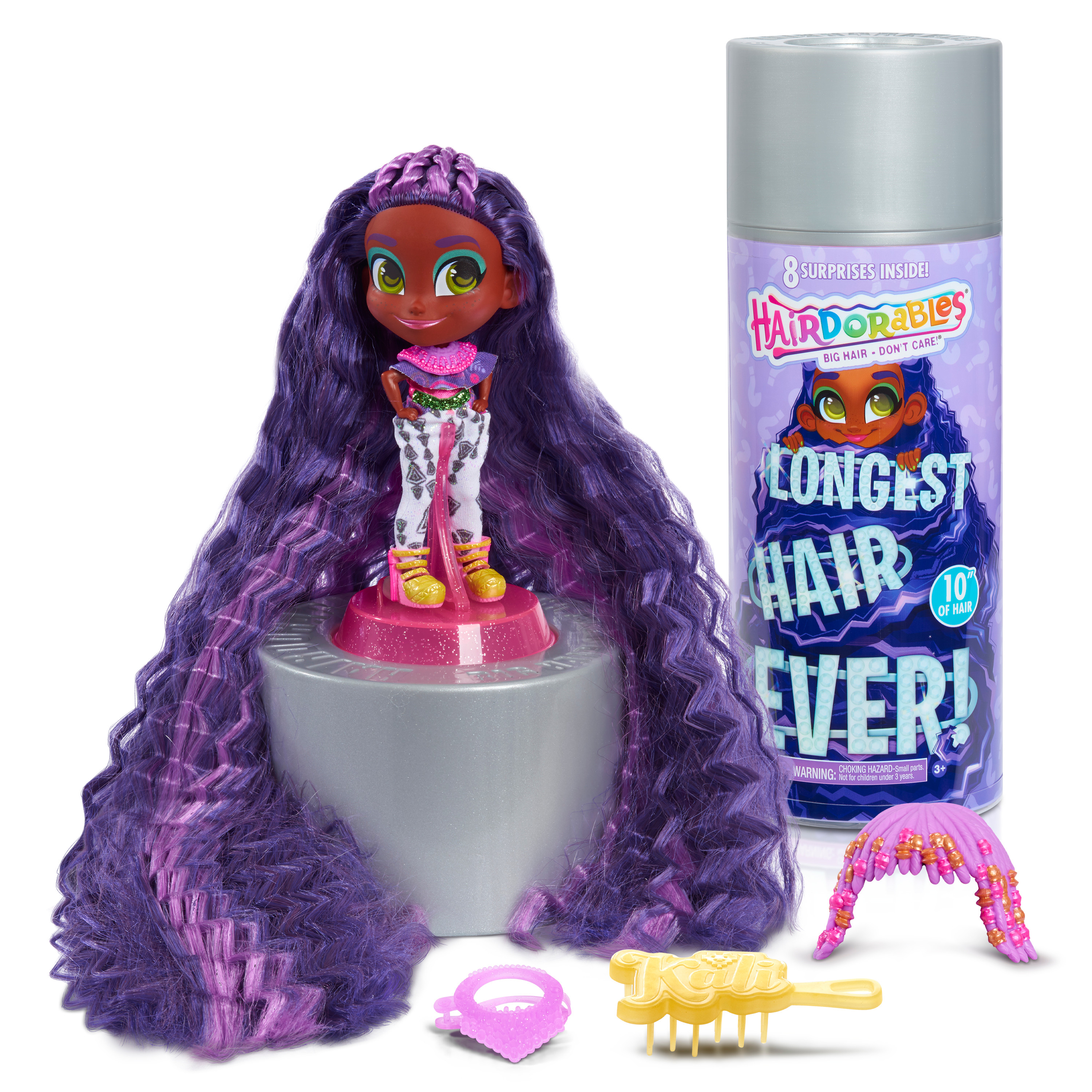 Hairdorables Longest Hair Ever! Kali, Includes 8 Surprises, 10-Inches of Hair to Style, Purple,  Kids Toys for Ages 3 Up, Gifts and Presents - image 1 of 8