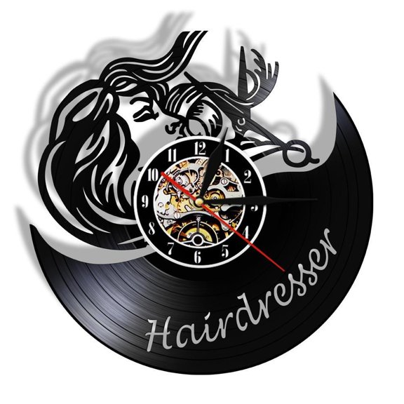 Hairdresser Black Retro Wall Clock Made of Vinyl Record Hair Salon Decor Scissor Barbershop Hairdo Sign Wall Watch Stylist Gift Without LED