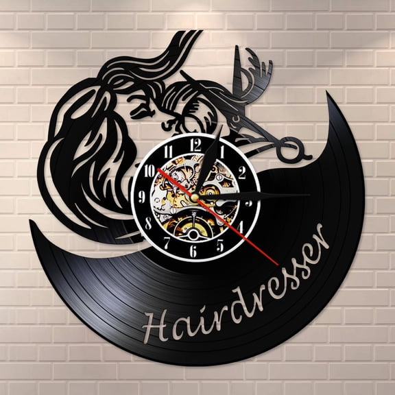 Hairdresser Black Retro Wall Clock Made of Vinyl Record Hair Salon Decor Scissor Barbershop Hairdo Sign Wall Watch Stylist Gift