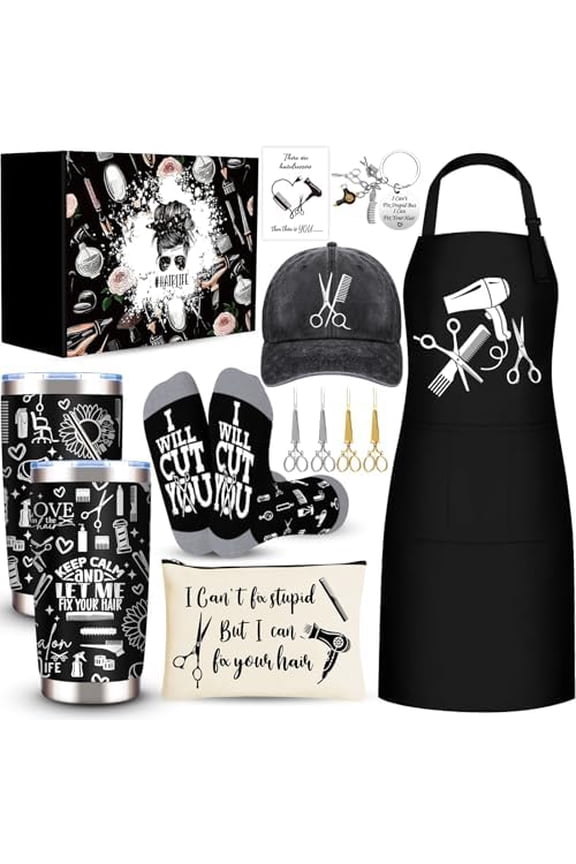 Hairdresser Gifts Set for Women, Hair Stylist Appreciation Gift Includes 20 Oz Tumbler Hat Hair Stylist Apron Socks Makeup Bag Keychain Scissor Hair Clips, Thank you Gift for Hairdresser