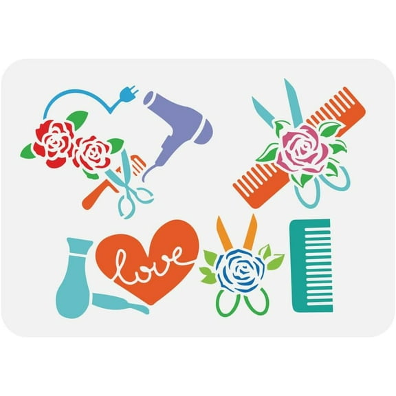Hairdresser Salon Painting Stencil 8.3x11.7inch Floral Scissors Stencil Comb Stencil Hairdryer Stencil Hairdressing Tool Pattern Template Haircut Craft Stencil