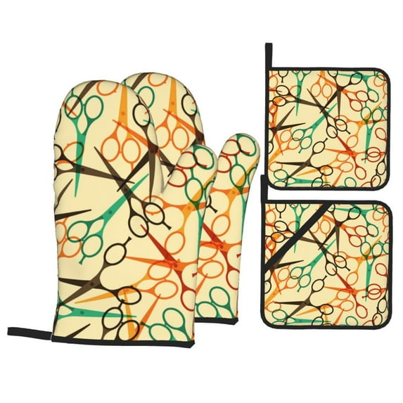 Hairdressing Tools Retro Scissors Salon 4Pcs Oven Mitts and Pot Holders Sets Oven Kitchen Gloves Hot Pads for Cooking BBQ Baking Grilling