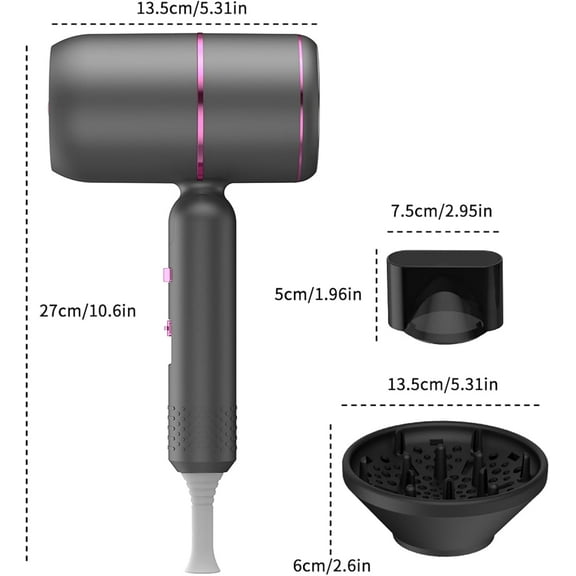 Hairdryer Powerful Blue Light Ion 3 Cold & Hot Air Settings Fast Drying with Diffuser and Concentrator Nozzle Foldable Blowdryer for Home Travel