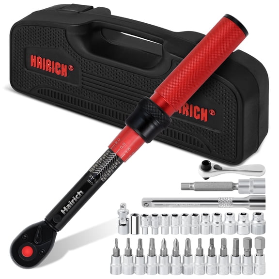 Hairich 1/4" Click Torque Wrench 30PCS Kit, 20-220 IN-LB Dual Scale Precision Torque Set, 72 Tooth Ratchet Red Black Tool with Sockets & Bits for Bicycle Motorcycle Maintenance