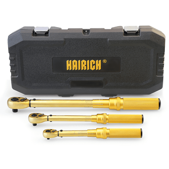 Hairich 3-Piece Click Torque Wrench Set, 1/4 3/8 1/2 Drive 72-Tooth Dual Ratchet Torque Wrenches, Gold Laser Scale Adjustable Torque Kit with Storage Case for Bike, Motorcycle & Auto Repair