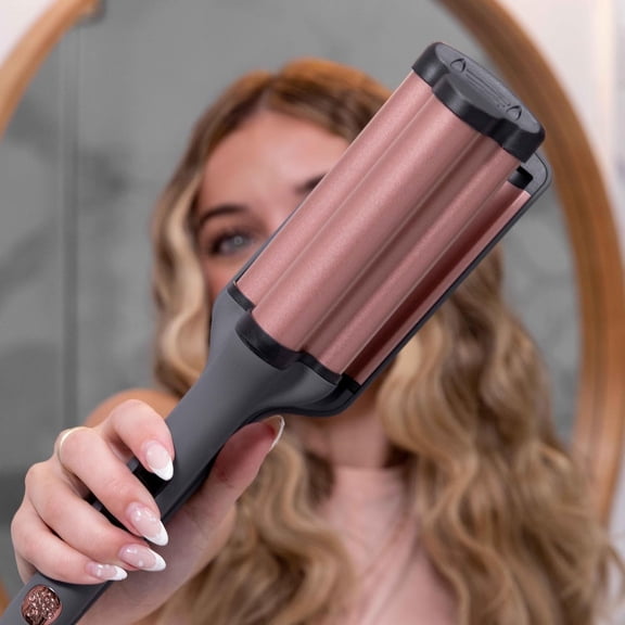 Hairitage 3 Barrel Curling Iron for Beach Waves and Curls - Ceramic Tourmaline Crimping Iron - Hair Waver for Mermaid Waves - Pink Barrel Curling Iron - Reduce Frizz + Increase Shine - All Hair Types