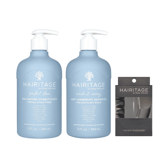 Hairitage Head Rush Scalp Massager + Wash It Away Anti-Dandruff Shampoo + Perfect Dose Balancing Conditioner with Rosemary Oil (Variety Pack)